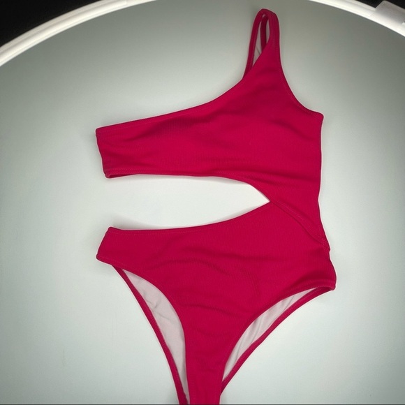 Shade & Shore One Shoulder Cut Out Ribbed One Piece Swim Pink S - Picture 9 of 14